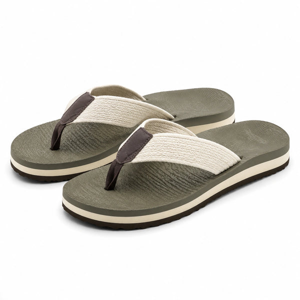 Infradito taglia 42/43 con fascia in tessuto beige e suola verde antiscivolo