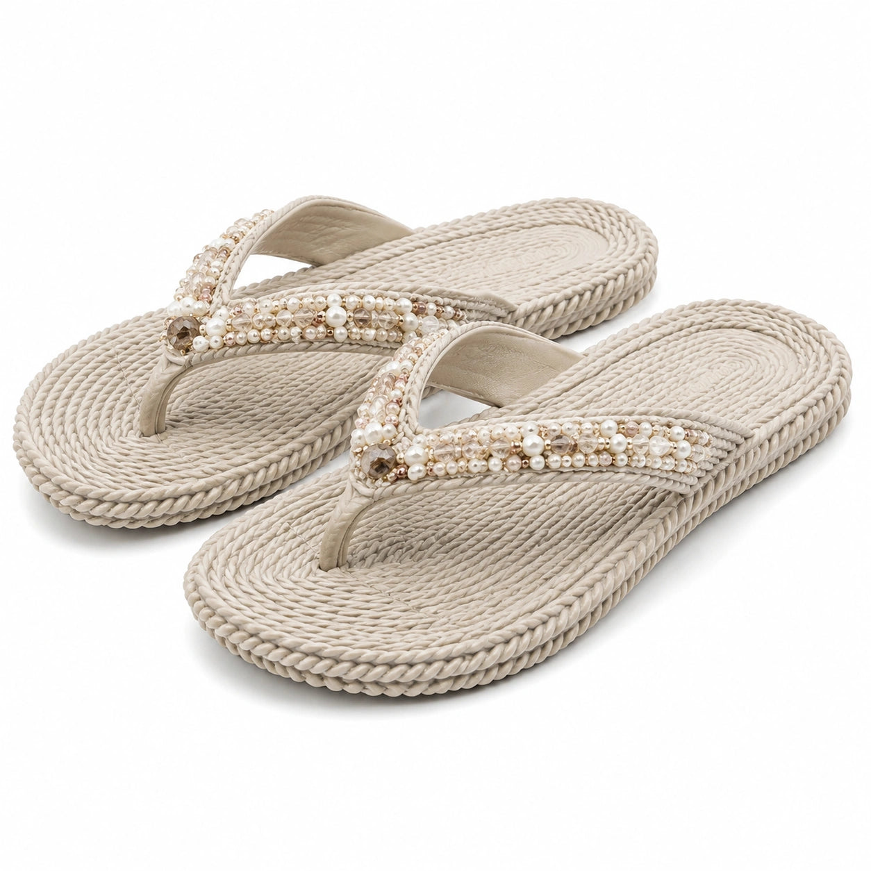 Infradito da donna 42/43 in fibra intrecciata beige con perline stile boho