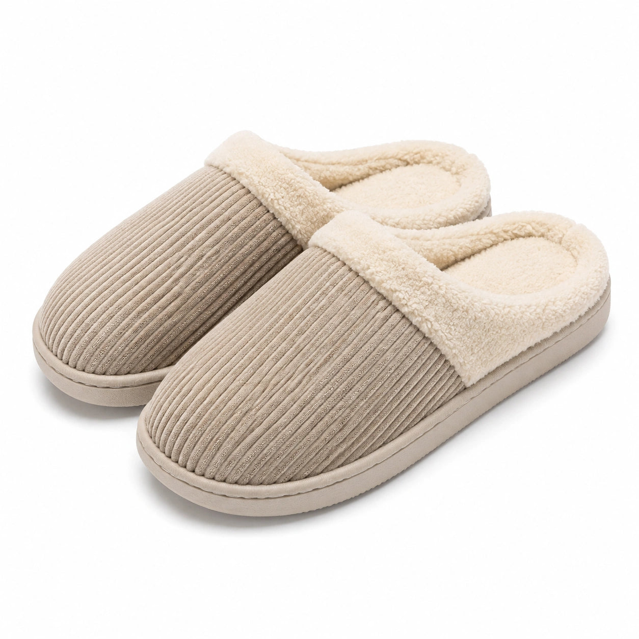 Pantofole da casa 38/39 in tessuto a coste beige con fodera effetto sherpa