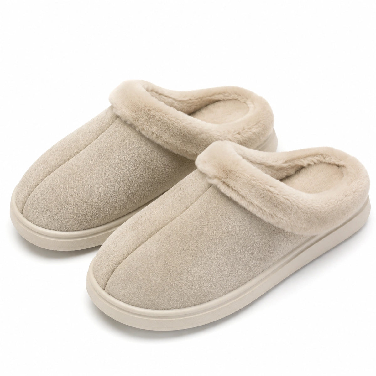 Pantofole da donna taglia 40/41 in tessuto beige con bordo in pelliccia sintetica per interno