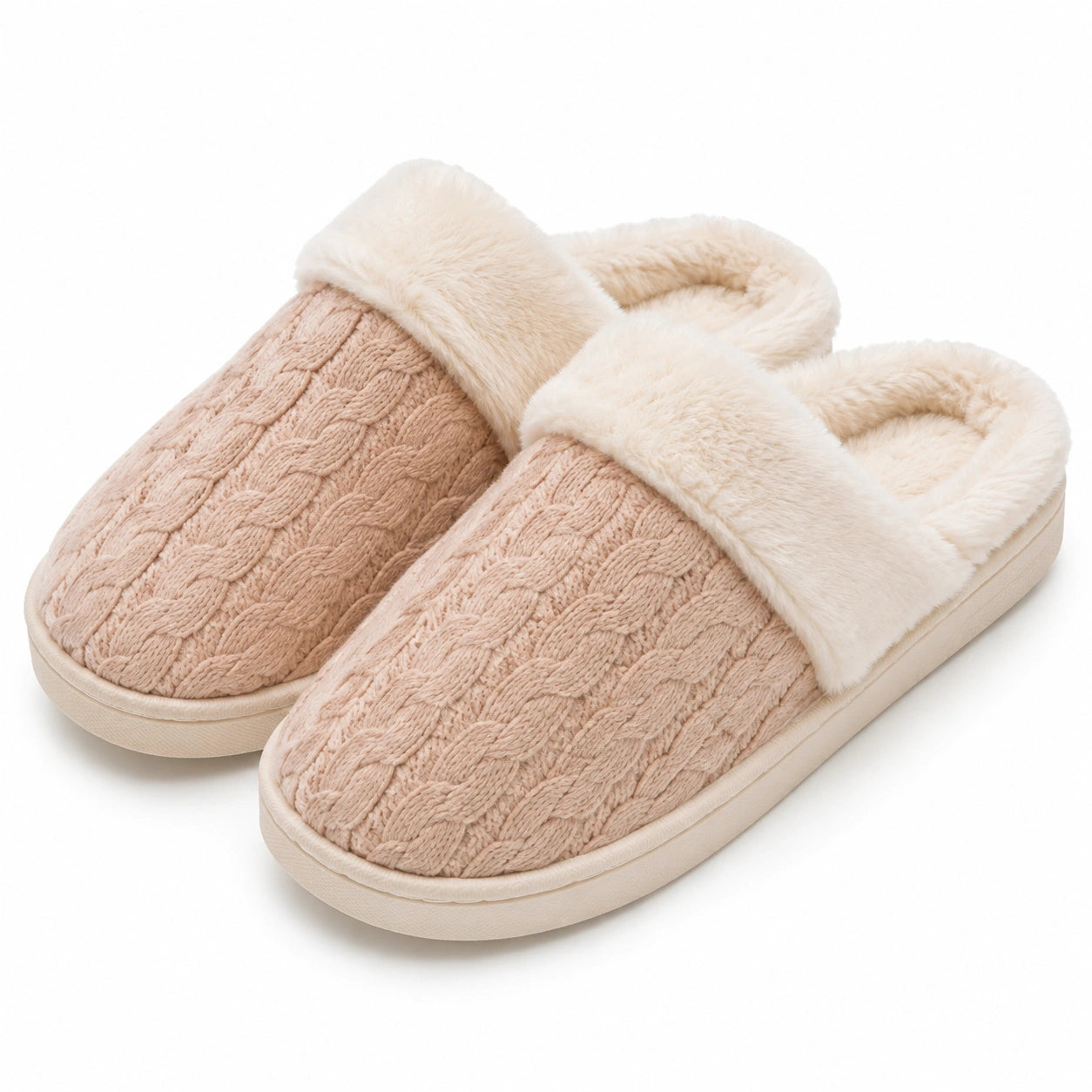 Pantofole da casa 42/43 in tessuto beige con bordo effetto pelliccia - suola piatta