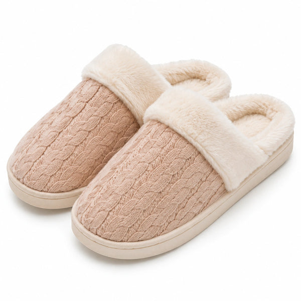 Pantofole da casa 42/43 in tessuto beige con bordo effetto pelliccia - suola piatta